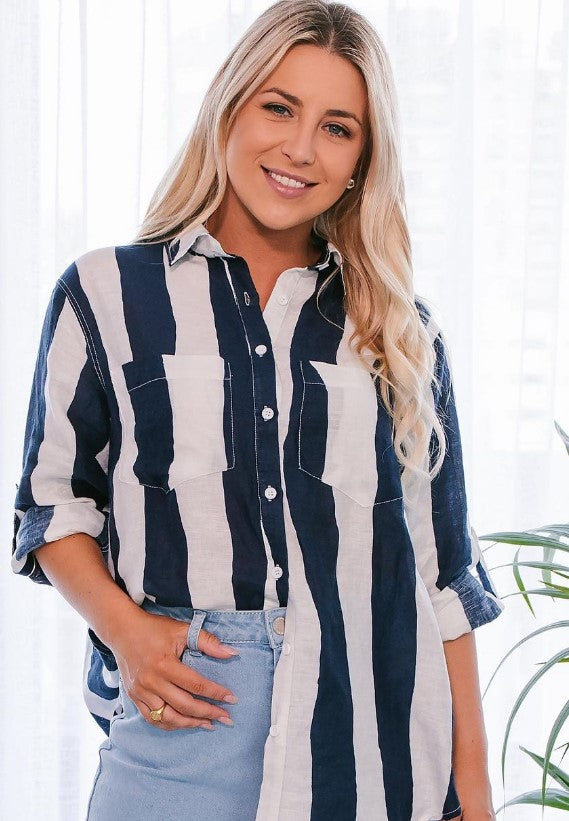 Linen stripe navy shirt