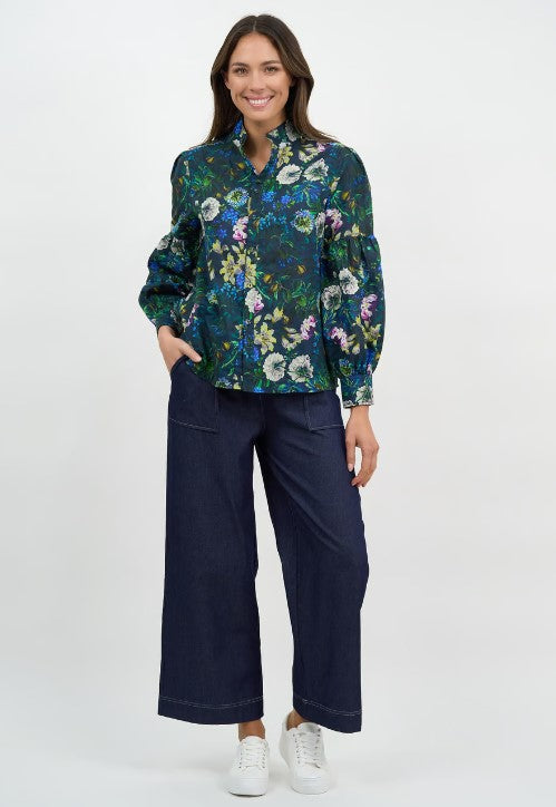 Navy forest linen blouse