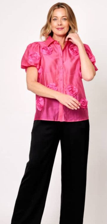 hOT PINK flower silk shirt