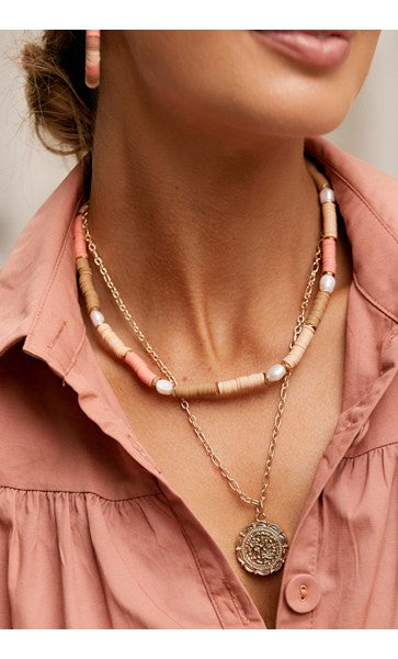 Layered Bead Pendant Drop Necklace