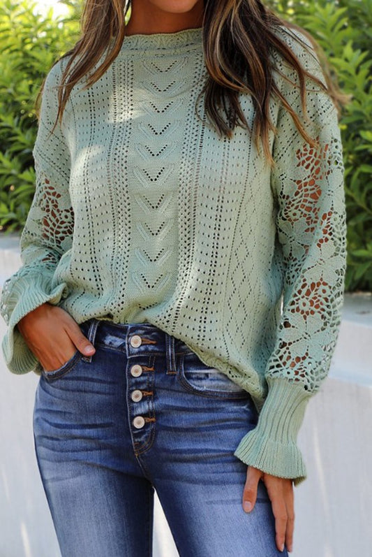 Knit green crochet sleeve sweater