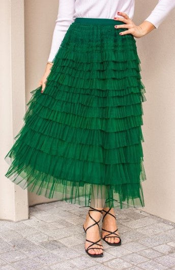 Skirt green ruffled mesh