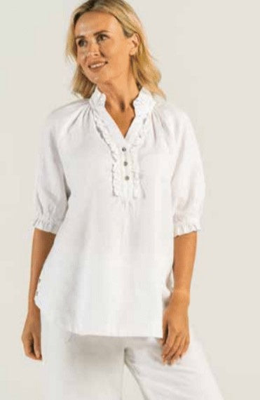 White linen ruffle blouse