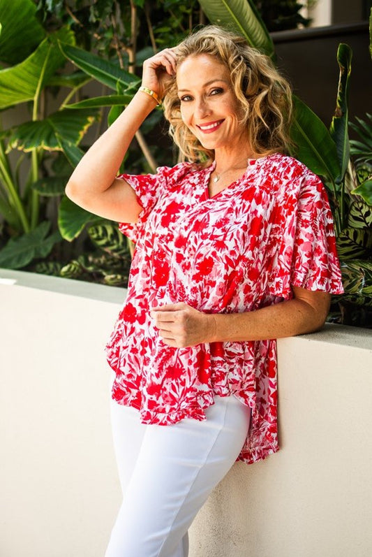 red floral blouse